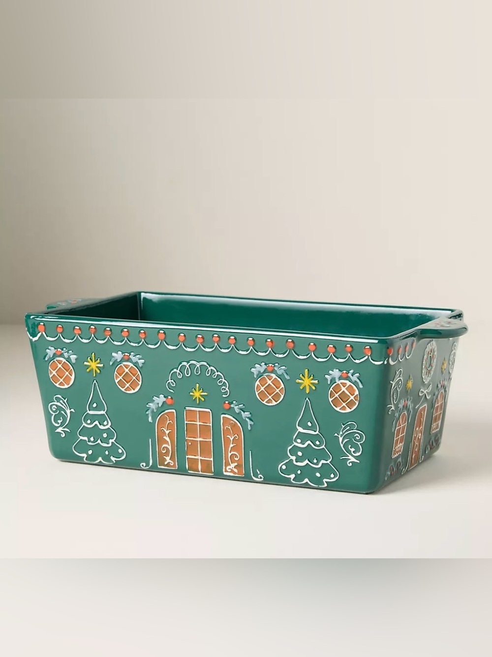 Anthropologie Ginger Loaf Pan - Holiday Gingerbread Ceramic in Green